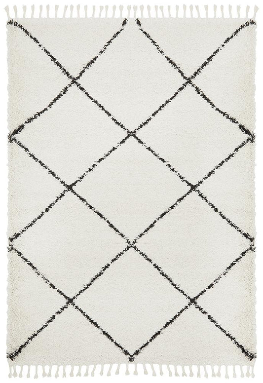 Anisah Modern White & Black Diamond Pattern Fringed Rug
