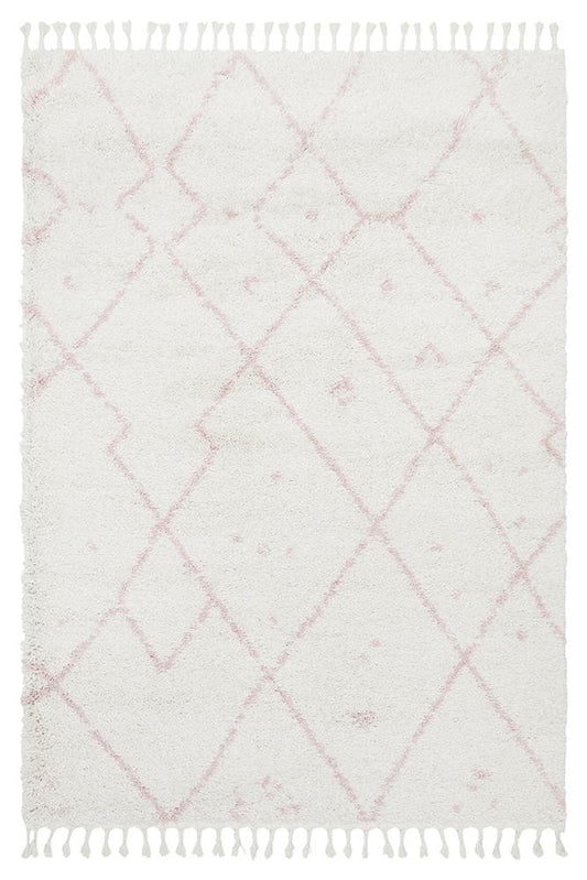 Nahla Modern Fringed White & Pink Rug 