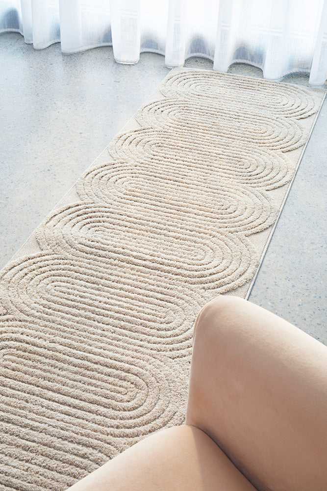 Lotus Carl Beige Modern Curved Oval Pattern Hallway Runner Rug