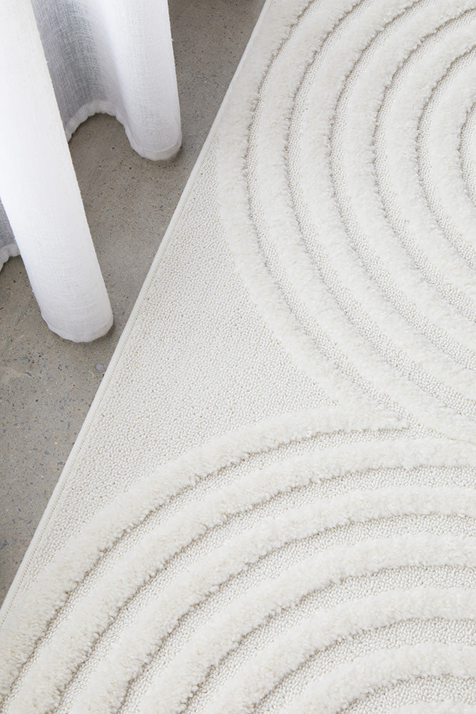 Lotus Carl White Modern Curved Oval Pattern Hallway Runner Rug