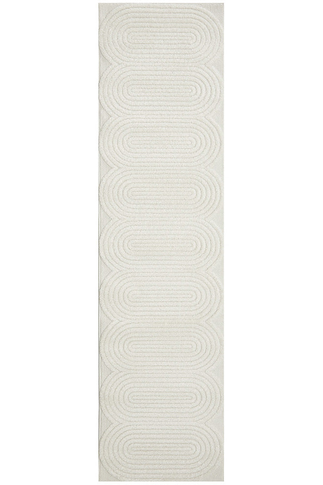 Lotus Carl White Modern Curved Oval Pattern Hallway Runner Rug