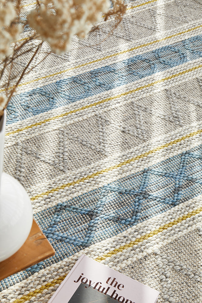 Miller Natural and Blue Modern Textured Wool Blend Rug