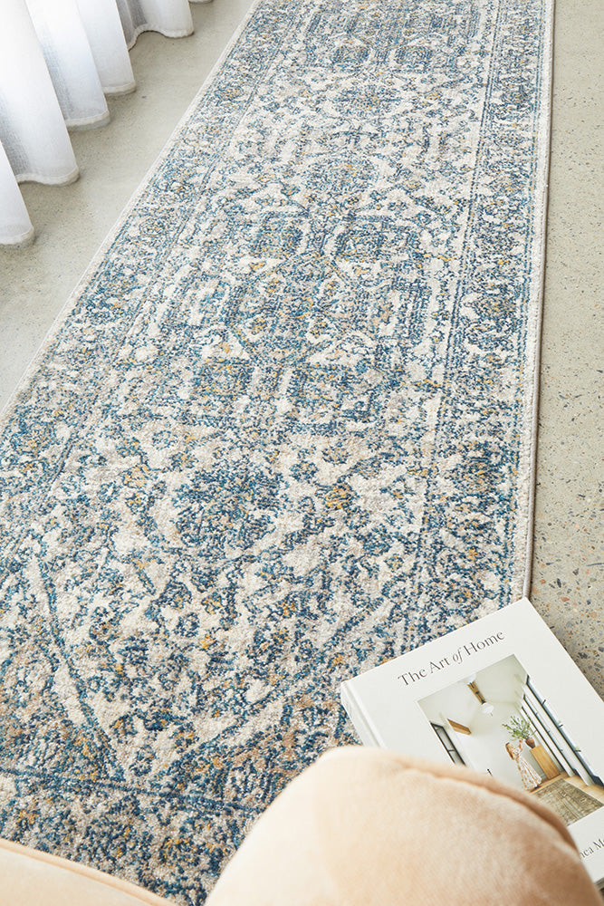 Sasha Blue Transitional Hallway Runner Rug