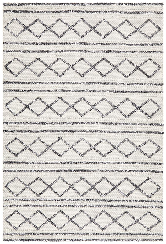 Fallon Tribal Diamond Pattern Grey & White Hand Woven Wool Rug