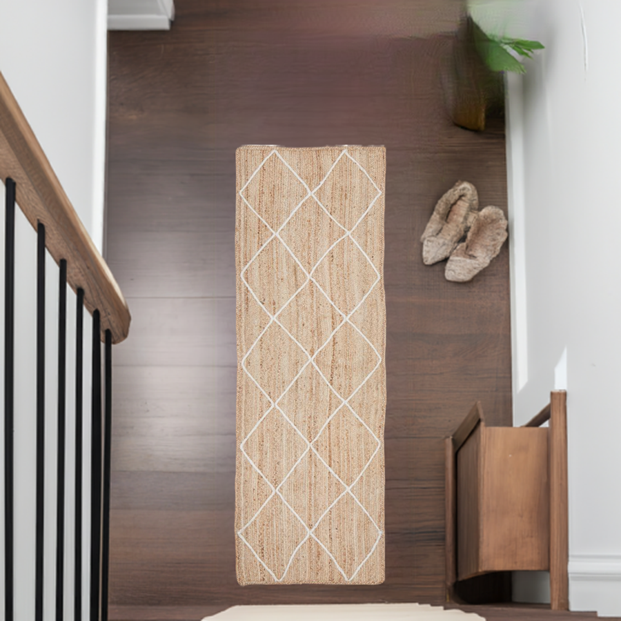 Aanya Natural & White Diamond Pattern Jute Hallway Runner Rug