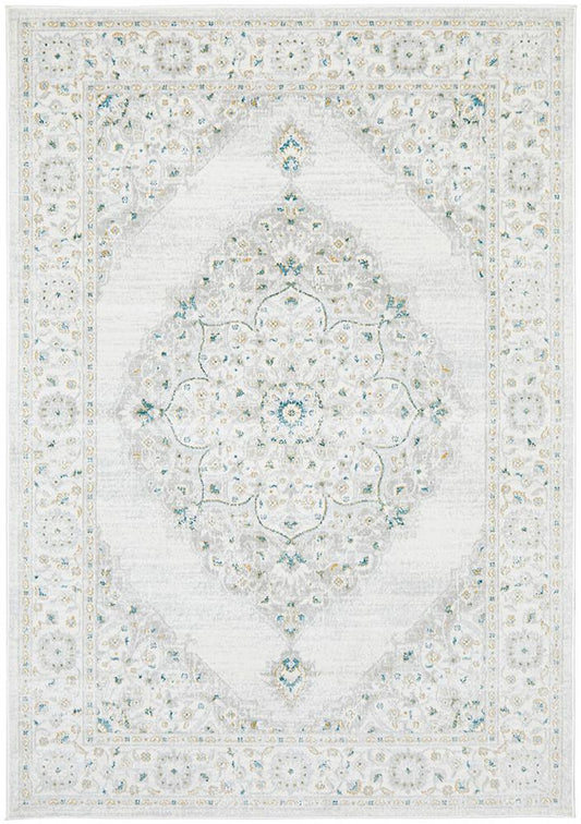 Emily Traditional White, Golden Yellow & Teal Floral Pattern Rug