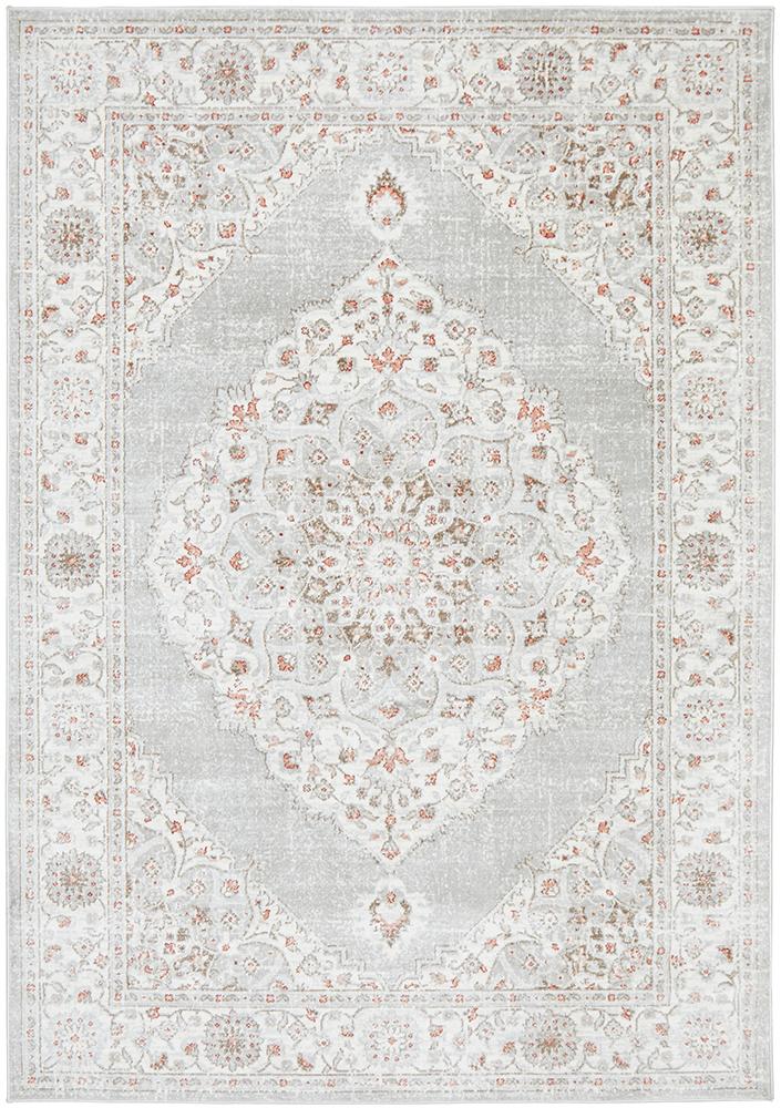 Emily Traditional Grey & Rose Floral Pattern Rug