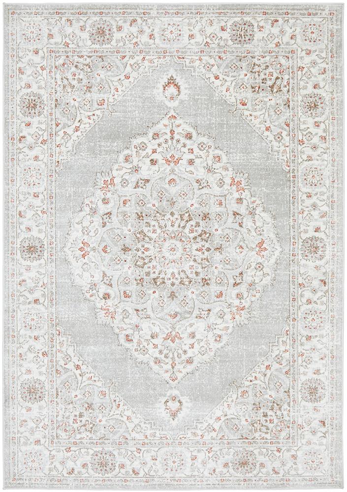Emily Traditional Grey & Rose Floral Pattern Rug