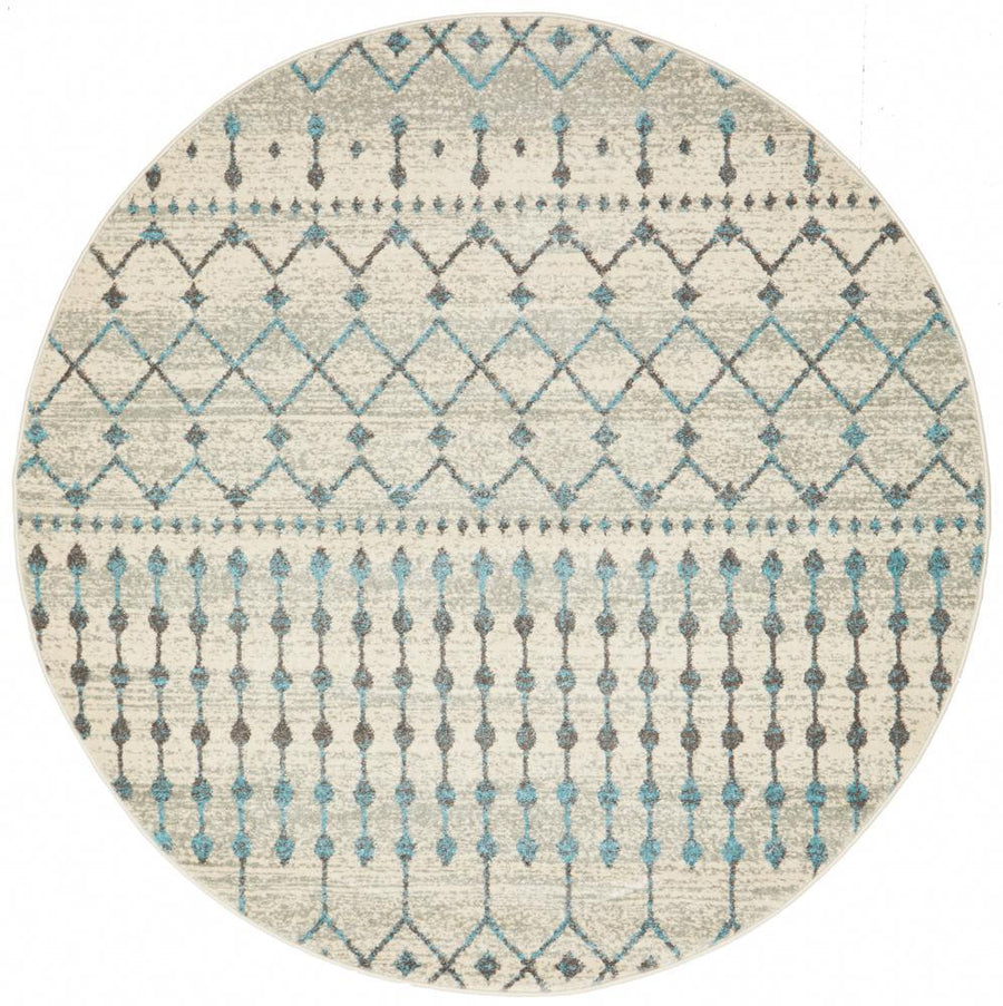 Senna Tribal Grey & Blue Power Loomed Round Rug