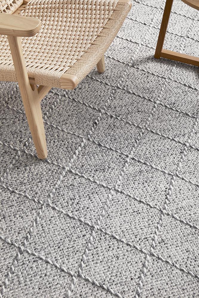Noa Grey & White Modern Diamond Pattern Flatweave Wool Rug