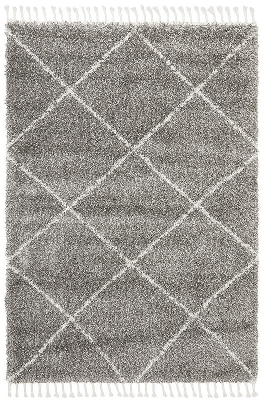 Anisah Modern Grey & White Diamond Pattern Fringed Rug