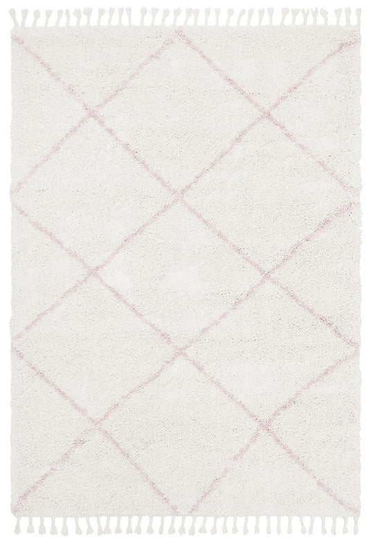 Anisah Modern White & Pink Bohemian Tribal Chic Fringed Rug