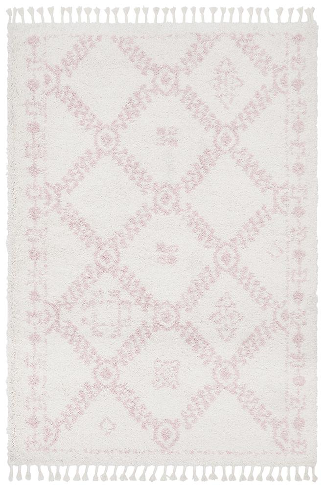 Chaima Modern Fringed White & Pink Rug
