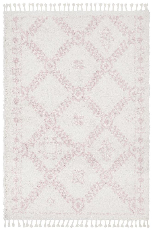 Chaima Modern Fringed White & Pink Rug