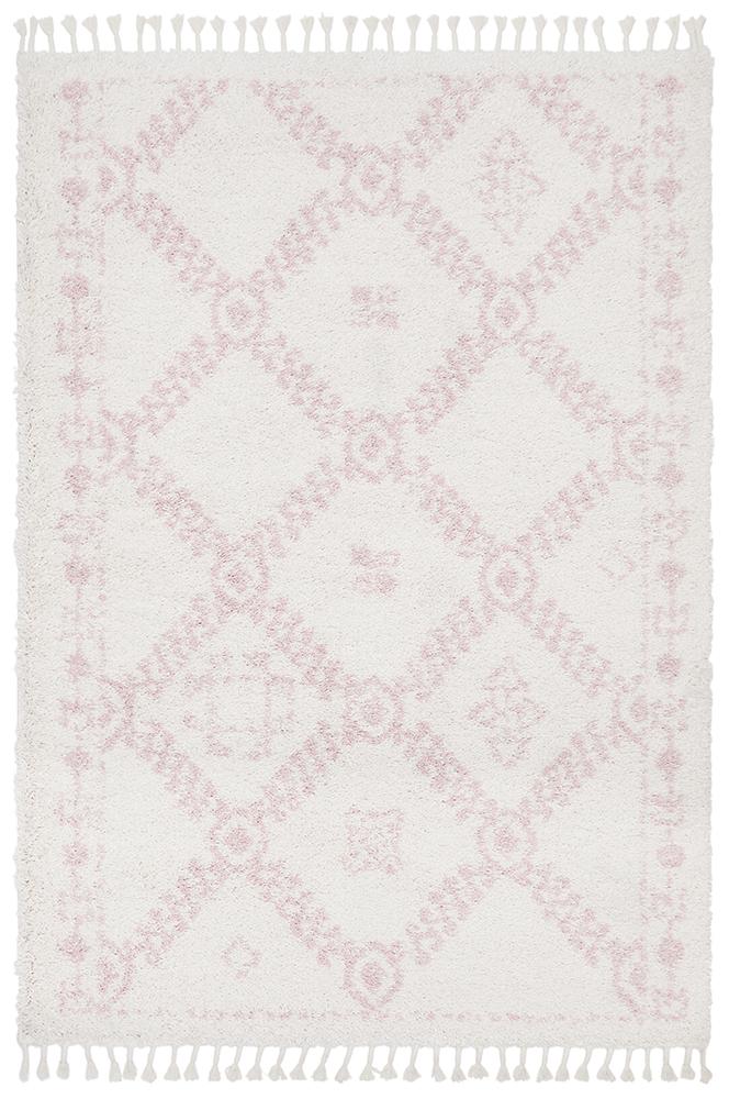 Chaima Modern Fringed White & Pink Rug