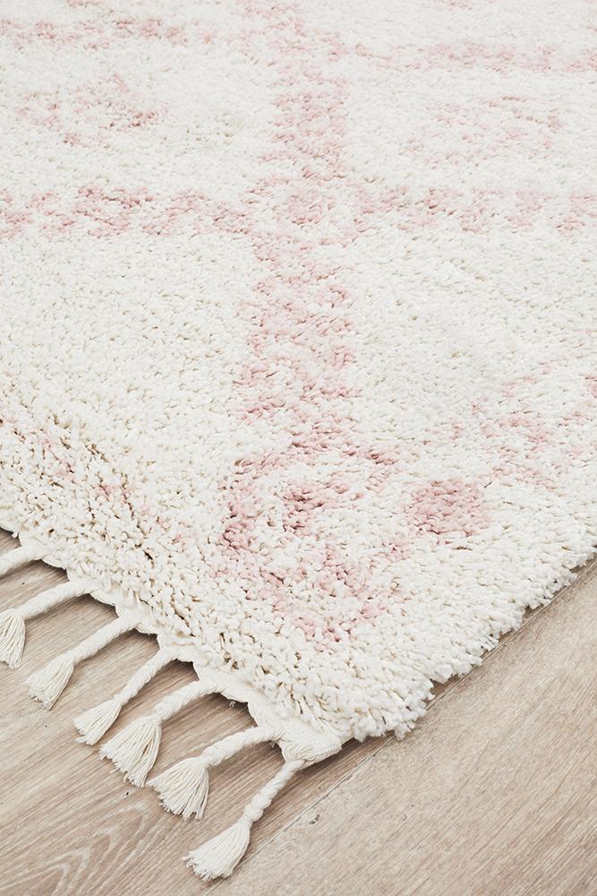 Chaima Modern Fringed White & Pink Rug