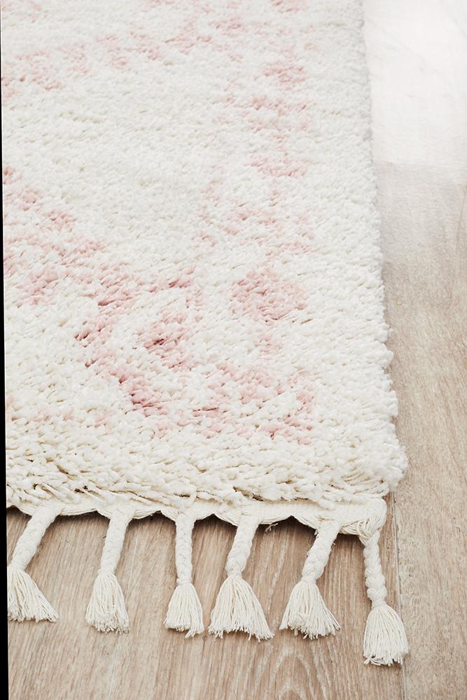 Chaima Modern Fringed White & Pink Rug