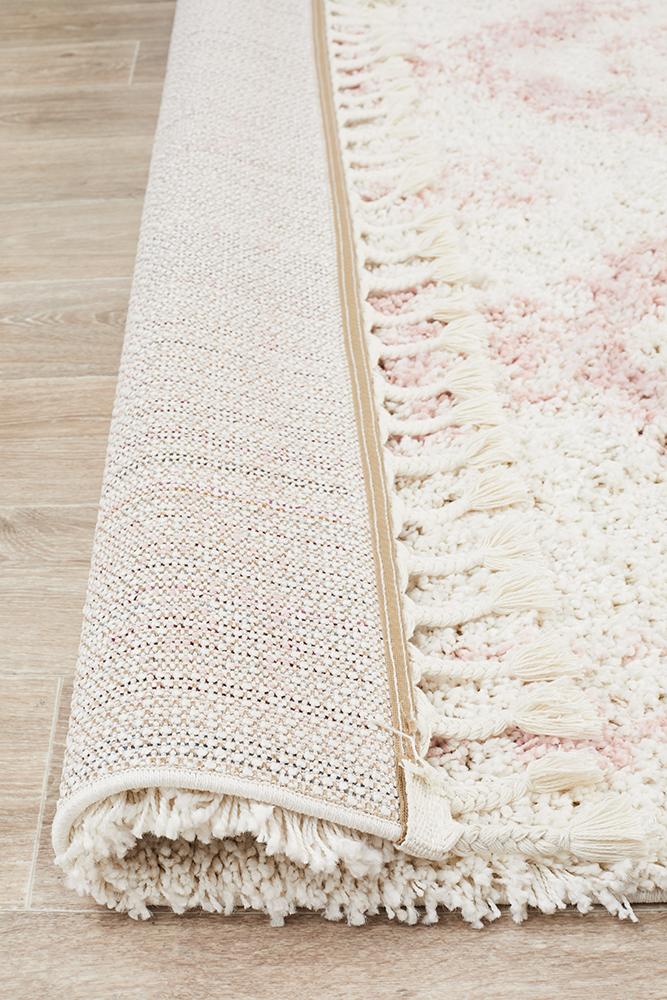 Chaima Modern Fringed White & Pink Rug