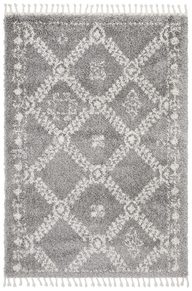 Chaima Modern Fringed Steel Grey & White Rug
