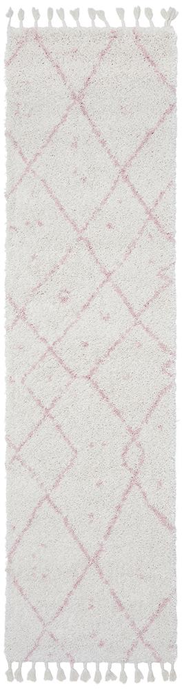 Nahla Modern Fringed White & Pink Rug 