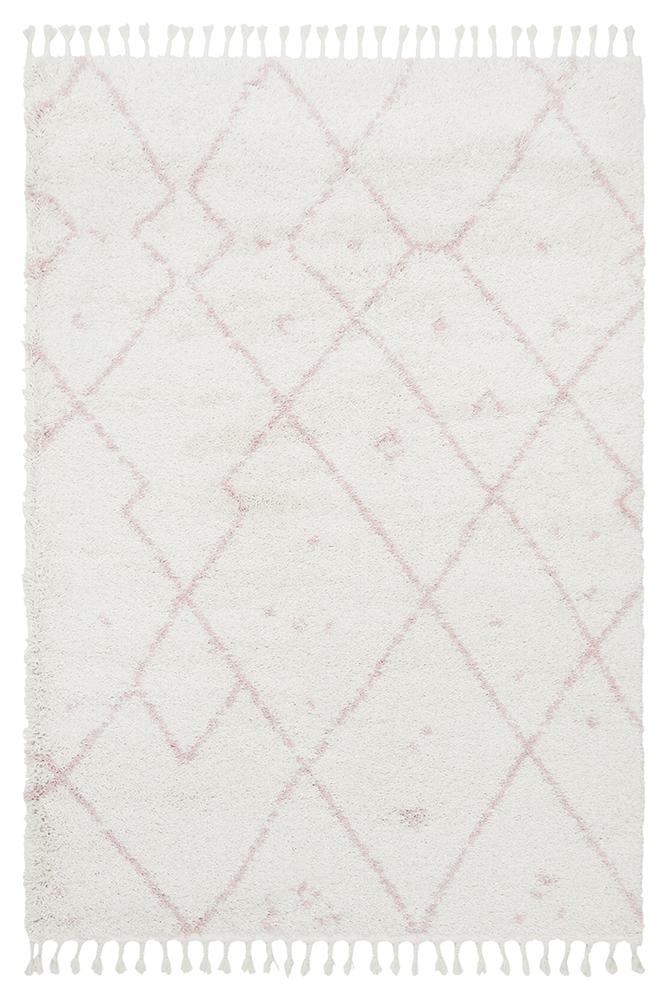 Nahla Modern Fringed White & Pink Rug 