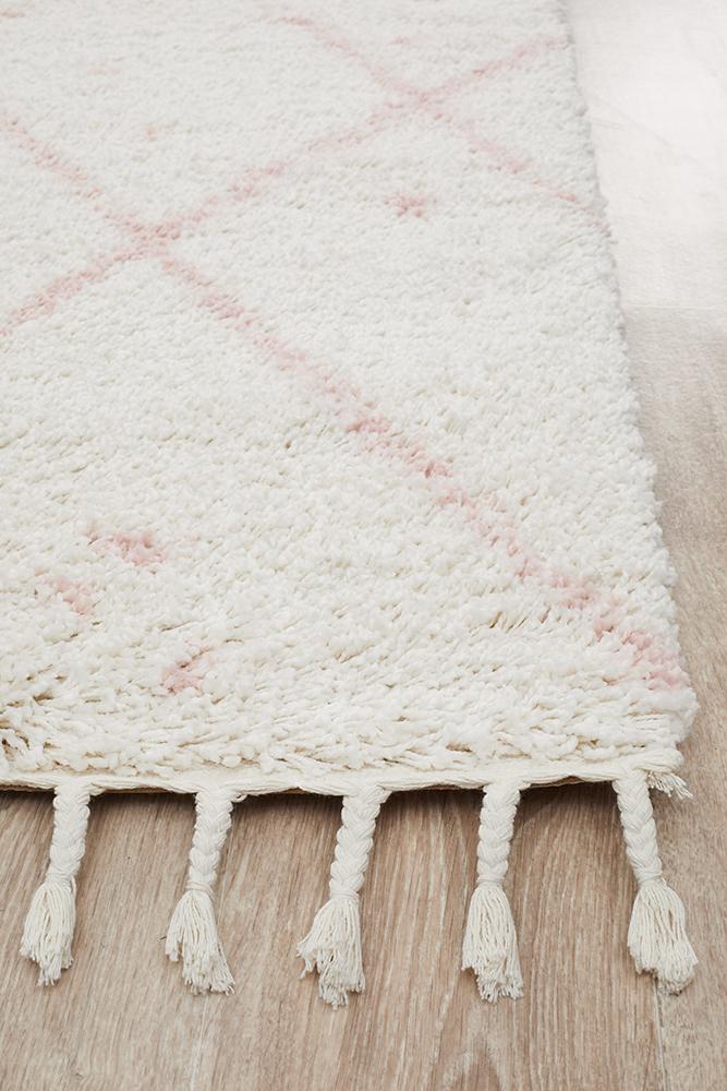 Nahla Modern Fringed White & Pink Rug 