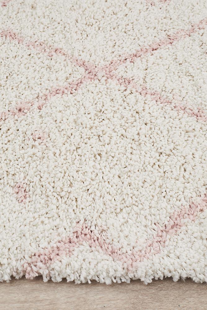 Nahla Modern Fringed White & Pink Rug 