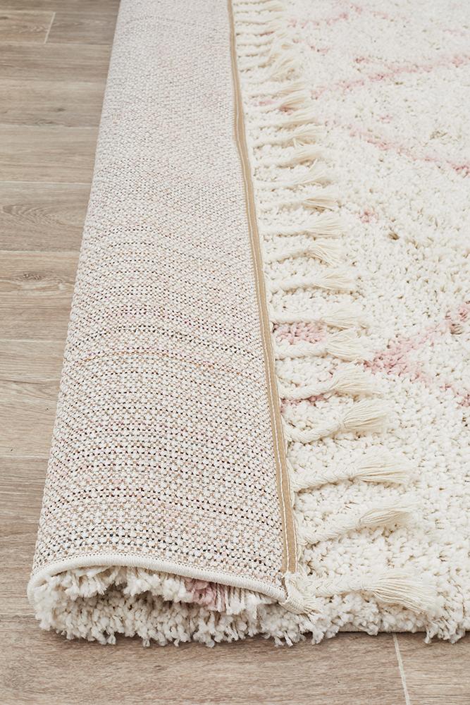 Nahla Modern Fringed White & Pink Rug 