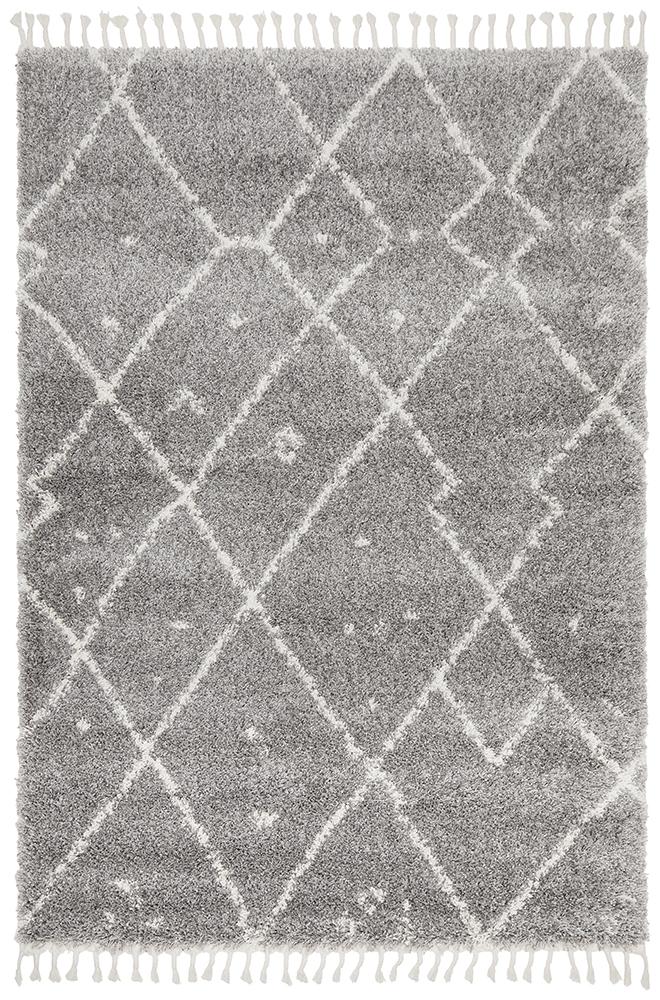 Nahla Modern Fringed Steel Grey & White Tribal Rug 