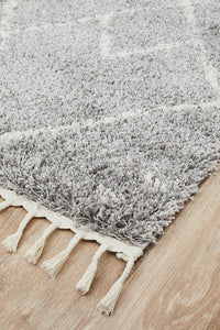 Thumbnail for Nahla Modern Fringed Steel Grey & White Tribal Rug 