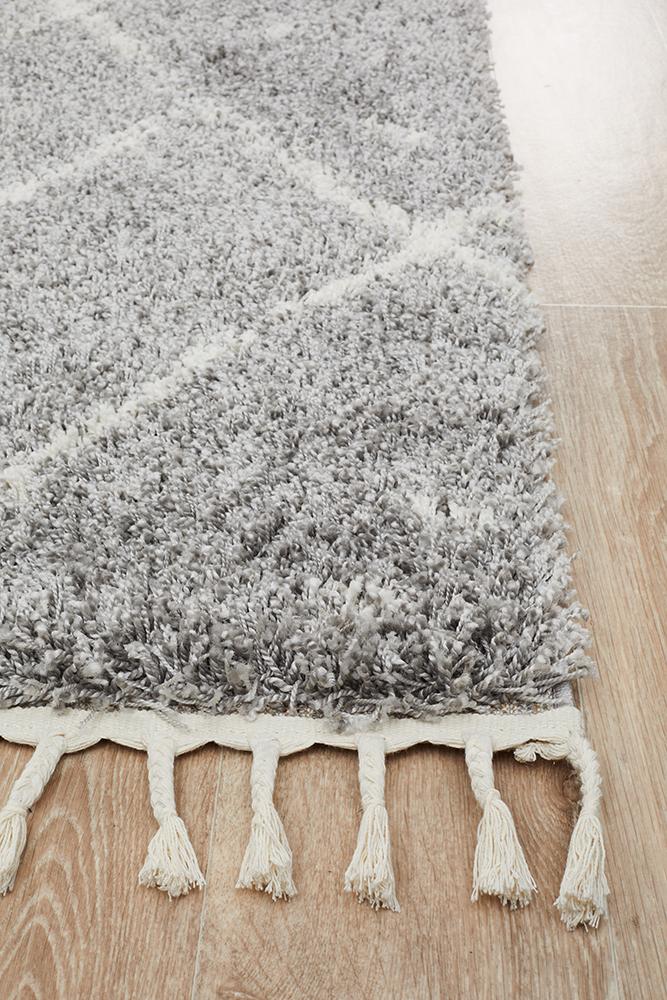 Nahla Modern Fringed Steel Grey & White Tribal Rug 