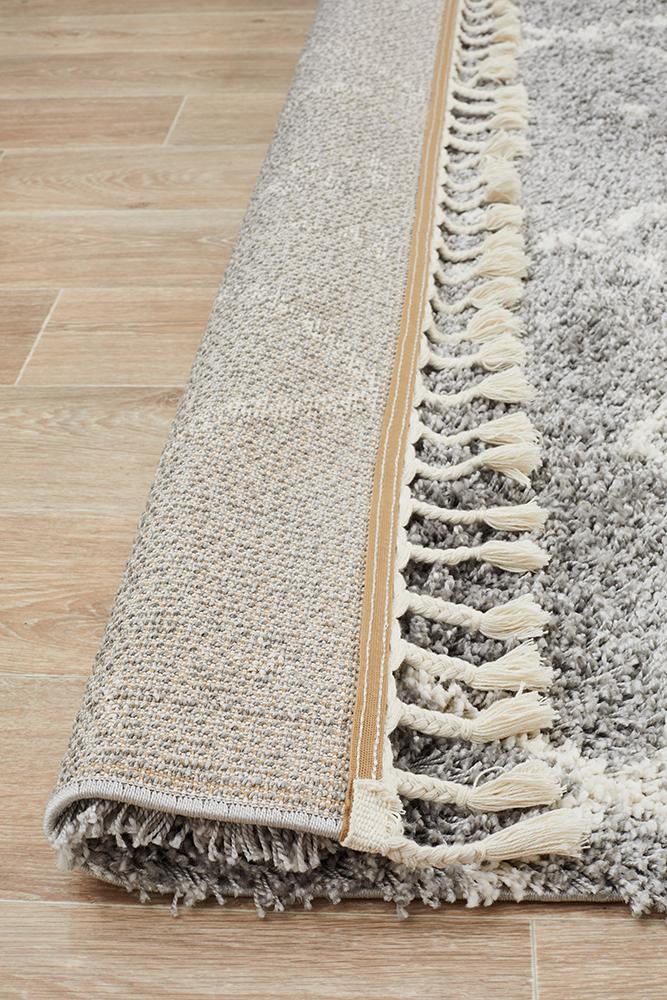 Nahla Modern Fringed Steel Grey & White Tribal Rug 