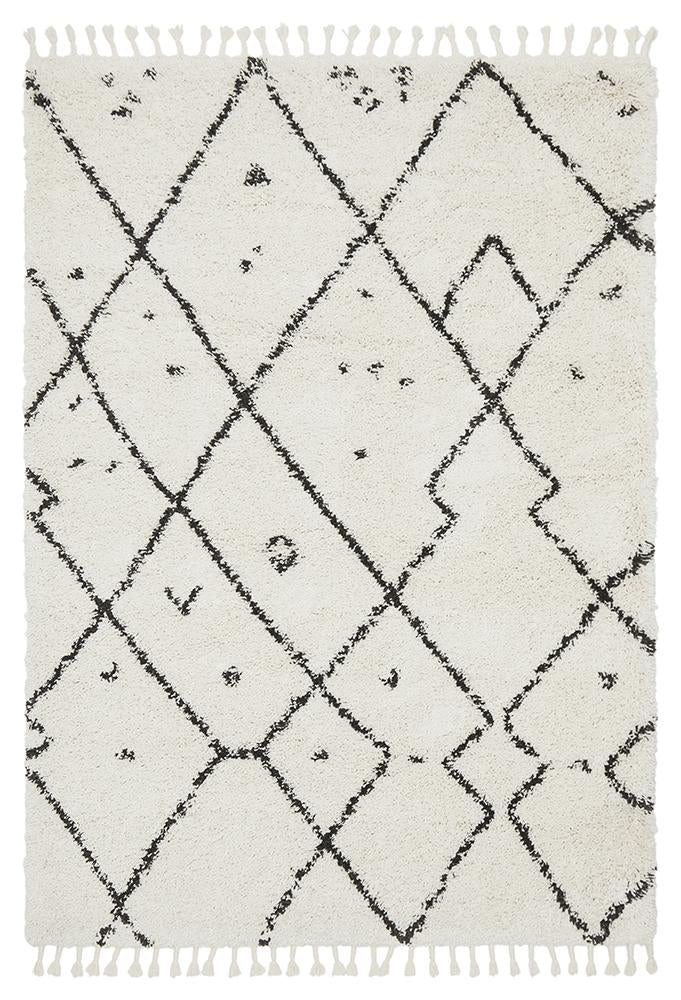 Nahla Modern Fringed White & Black Tribal Rug