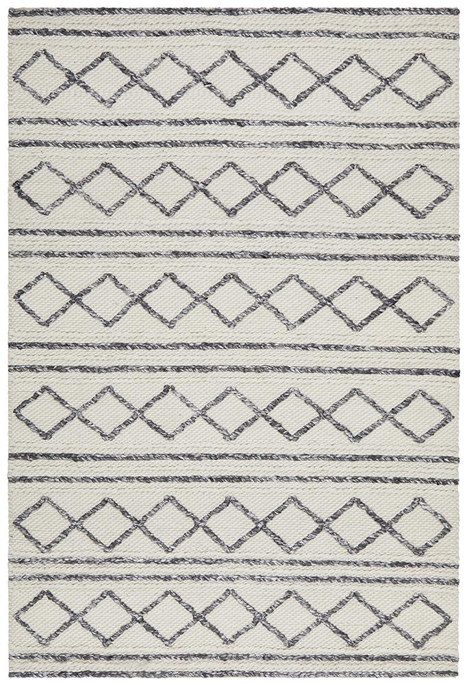 Fallon Tribal Diamond Pattern Grey & White Hand Woven Wool Rug